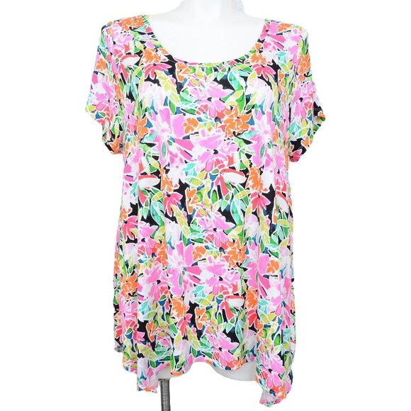 Cynthia Rowley PLUS Size 2X Colorful Floral Artsy Hankie Hem Tunic Top Stretchy - Picture 1 of 9